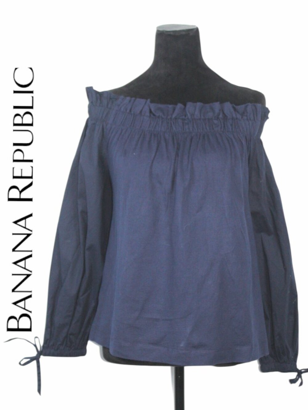 Banana Republic Navy Shirt with Ruffle On the Shoulder Neckline Size Large